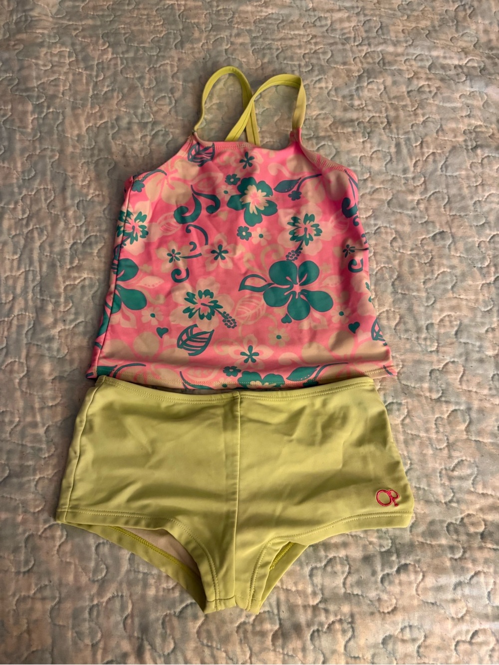 OP Girls Pink Floral Tankini Top with Teal Flowers and Yellow Swim Shorts